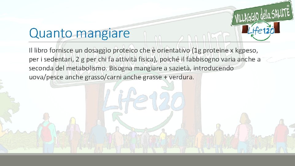 Quanto mangiare Il libro fornisce un dosaggio proteico che è orientativo (1 g proteine