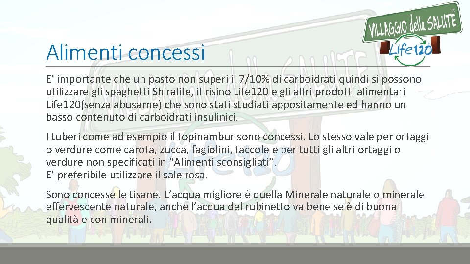 Alimenti concessi E’ importante che un pasto non superi il 7/10% di carboidrati quindi