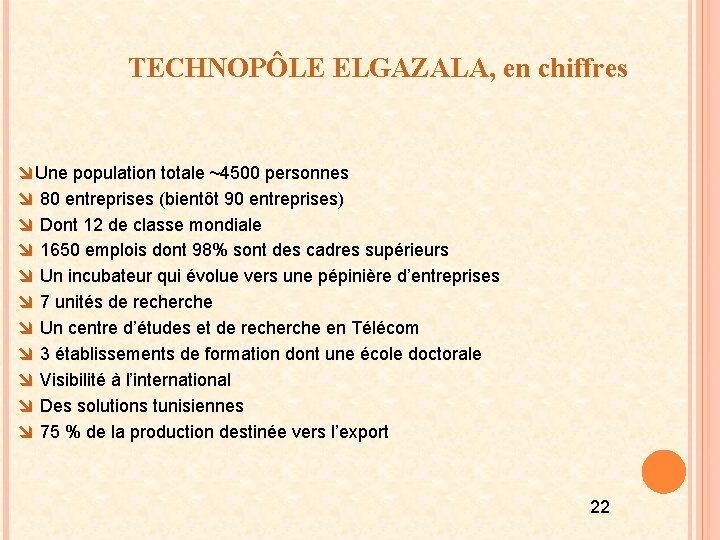 TECHNOPÔLE ELGAZALA, en chiffres îUne population totale ~4500 personnes î 80 entreprises (bientôt 90