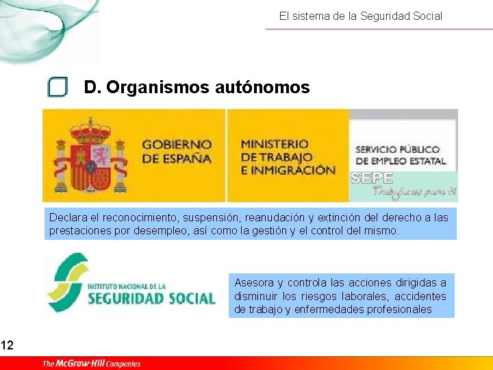 12 El sistema de la Seguridad Social D. Organismos autónomos Declara el reconocimiento, suspensión,