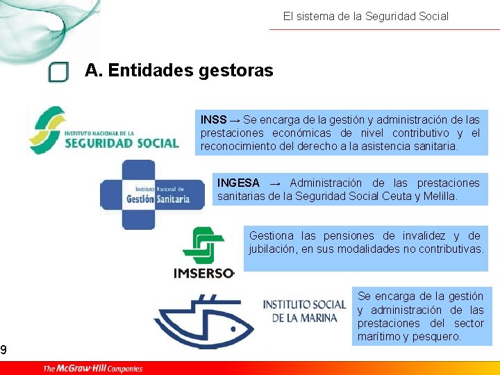 9 El sistema de la Seguridad Social A. Entidades gestoras INSS → Se encarga