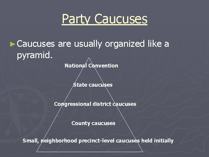 Party Caucuses ► Caucuses pyramid. are usually organized like a National Convention State caucuses