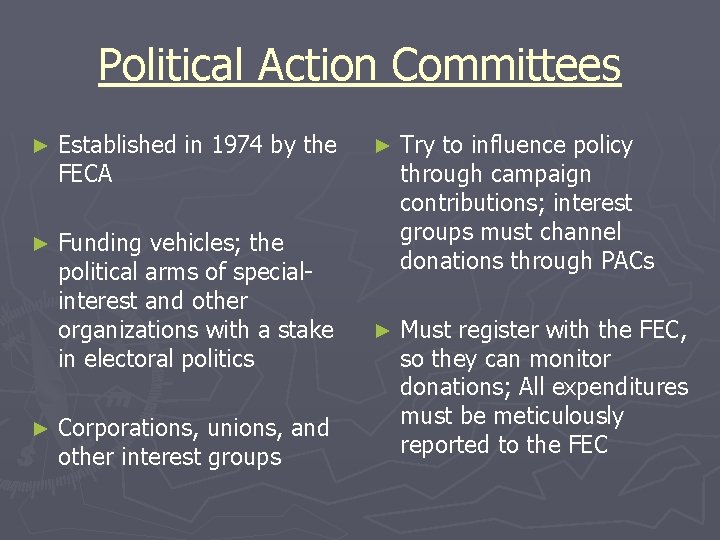 Political Action Committees ► Established in 1974 by the FECA ► Funding vehicles; the