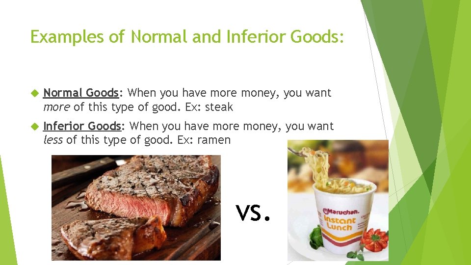 Examples of Normal and Inferior Goods: Normal Goods: When you have more money, you