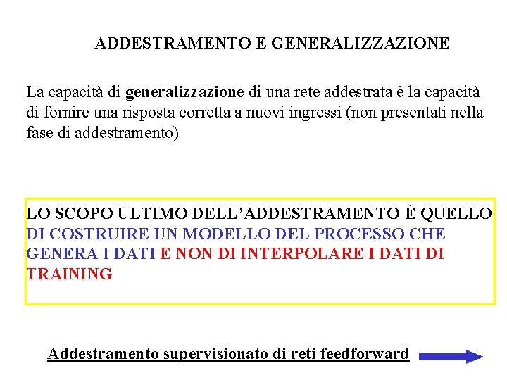 ADDESTRAMENTO E GENERALIZZAZIONE La capacità di generalizzazione di una rete addestrata è la capacità