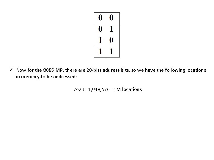 ü Now for the 8086 MP, there are 20 -bits address bits, so we