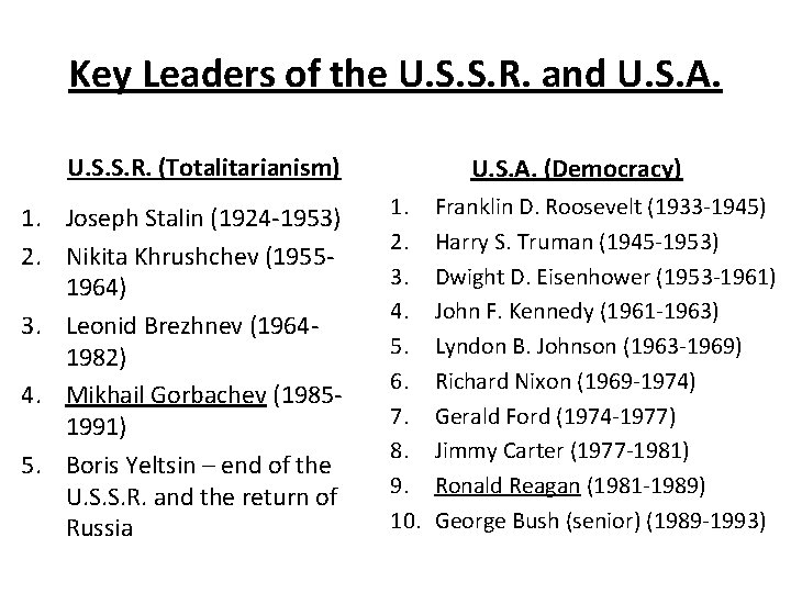 Key Leaders of the U. S. S. R. and U. S. A. U. S. Key Leaders of the U. S. S. R. and U. S. A. U. S.