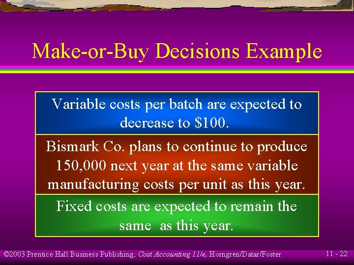 Make-or-Buy Decisions Example Variable costs per batch are expected to decrease to $100. Bismark