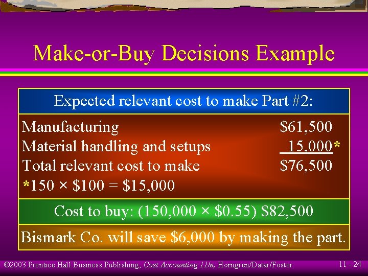 Make-or-Buy Decisions Example Expected relevant cost to make Part #2: Manufacturing Material handling and