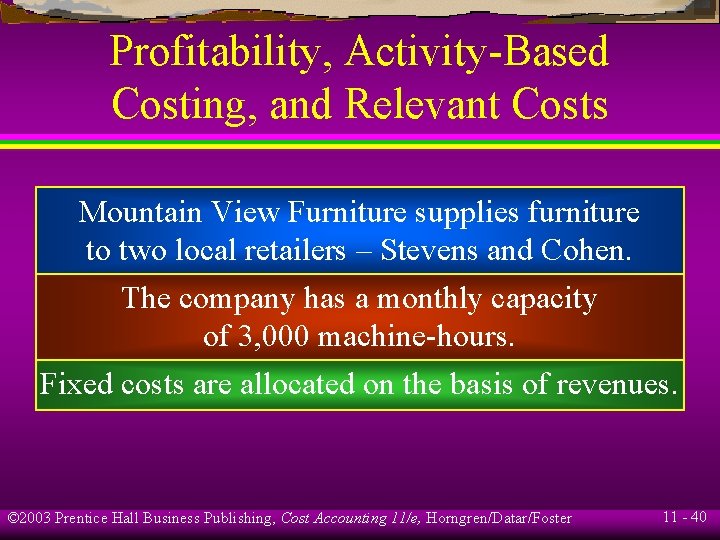 Profitability, Activity-Based Costing, and Relevant Costs Mountain View Furniture supplies furniture to two local