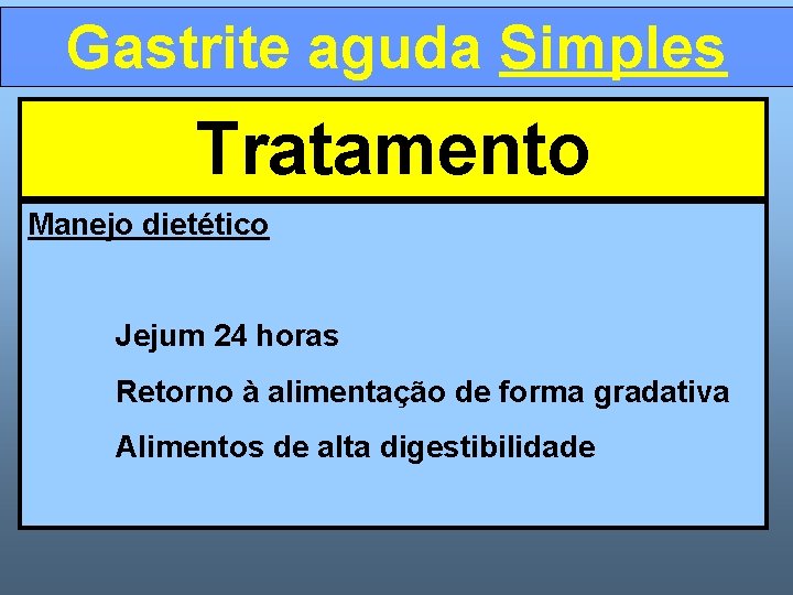 Gastrite aguda Simples Tratamento Manejo dietético Jejum 24 horas Retorno à alimentação de forma