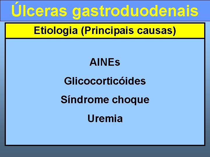 Úlceras gastroduodenais Etiologia (Principais causas) AINEs Glicocorticóides Síndrome choque Uremia 