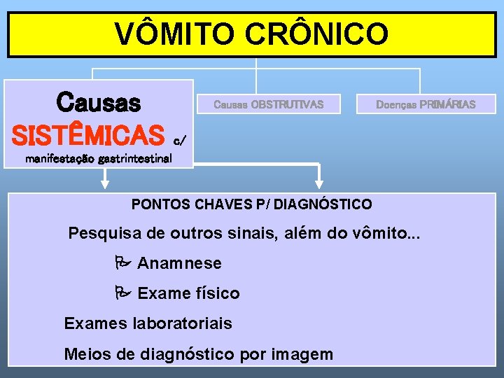 VÔMITO CRÔNICO Causas SISTÊMICAS Causas OBSTRUTIVAS Doenças PRIMÁRIAS c/ manifestação gastrintestinal PONTOS CHAVES P/