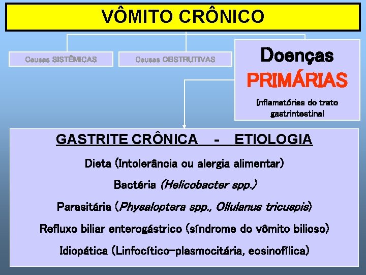 VÔMITO CRÔNICO Causas SISTÊMICAS Causas OBSTRUTIVAS Doenças PRIMÁRIAS Inflamatórias do trato gastrintestinal GASTRITE CRÔNICA