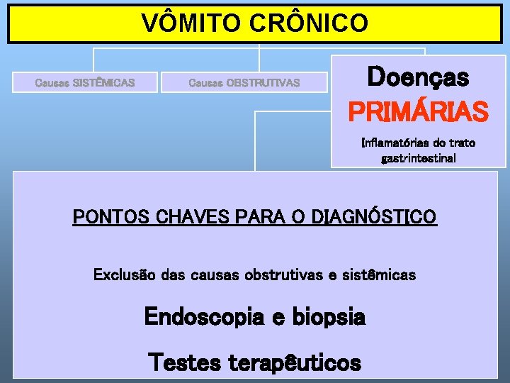 VÔMITO CRÔNICO Causas SISTÊMICAS Causas OBSTRUTIVAS Doenças PRIMÁRIAS Inflamatórias do trato gastrintestinal PONTOS CHAVES
