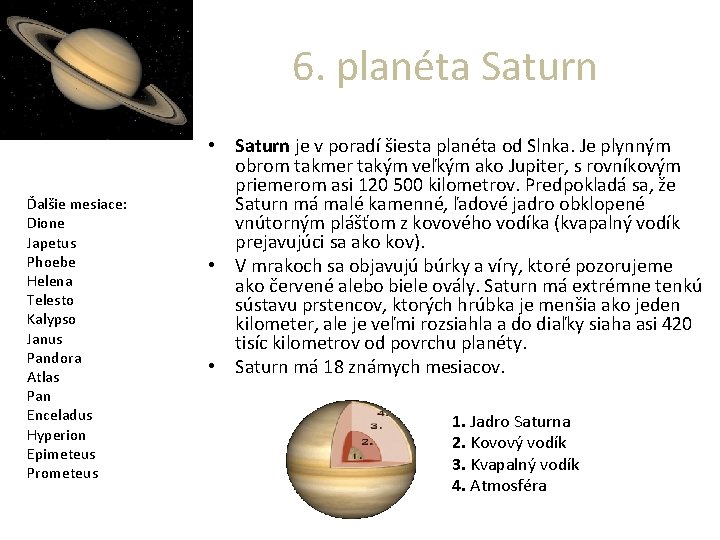 6. planéta Saturn Ďalšie mesiace: Dione Japetus Phoebe Helena Telesto Kalypso Janus Pandora Atlas