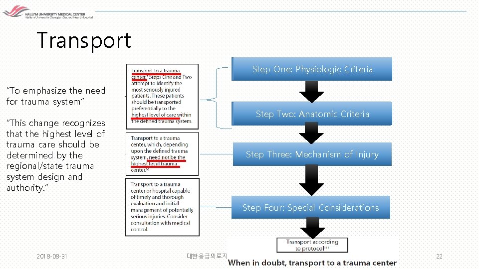 Transport Step One: Physiologic Criteria Step “To emphasize the need for trauma system” “This