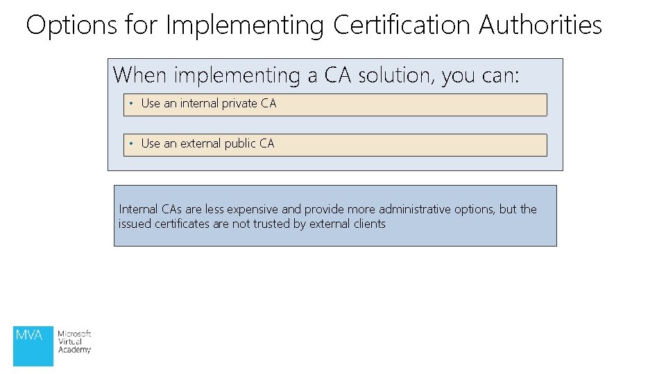 Options for Implementing Certification Authorities When implementing a CA solution, you can: • Use Options for Implementing Certification Authorities When implementing a CA solution, you can: • Use