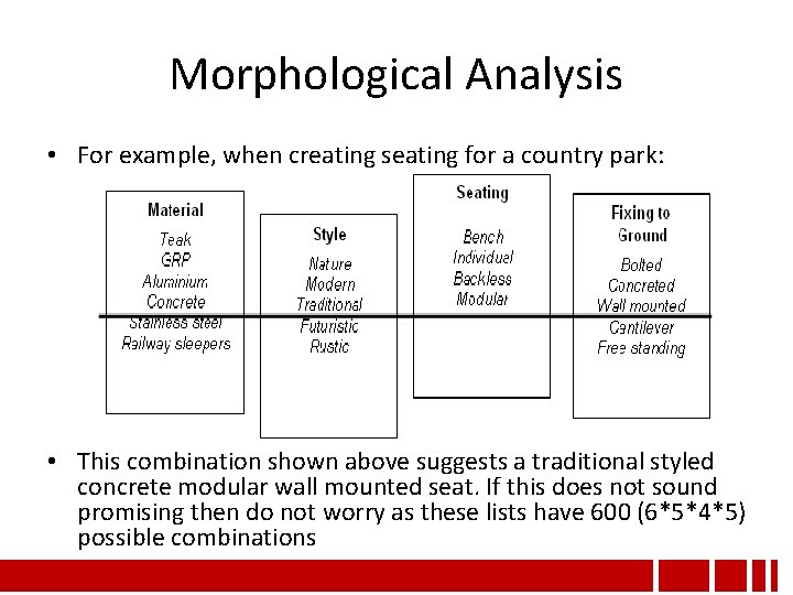 Morphological Analysis • For example, when creating seating for a country park: • This Morphological Analysis • For example, when creating seating for a country park: • This