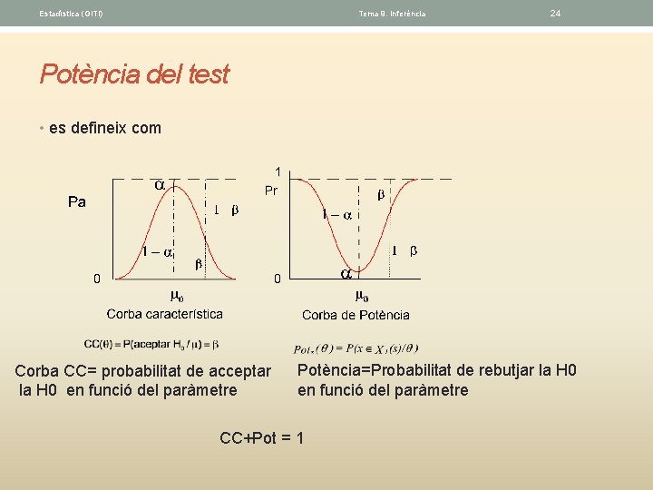 Estadística (GITI) Tema 9. Inferéncia 24 Potència del test • es defineix com Corba