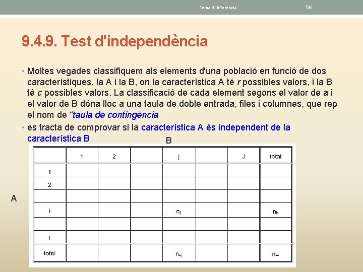 Tema 9. Inferéncia 56 9. 4. 9. Test d'independència • Moltes vegades classifiquem als
