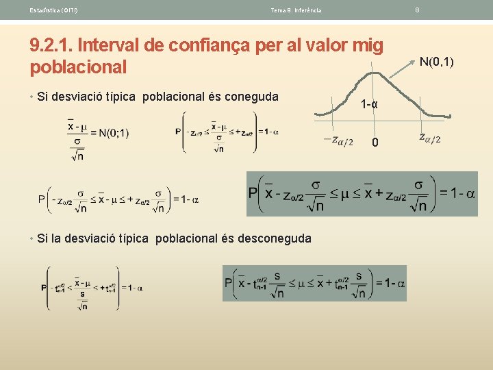 Estadística (GITI) 8 Tema 9. Inferéncia 9. 2. 1. Interval de confiança per al