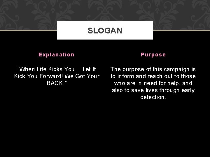SLOGAN Explanation Purpose “When Life Kicks You… Let It Kick You Forward! We Got