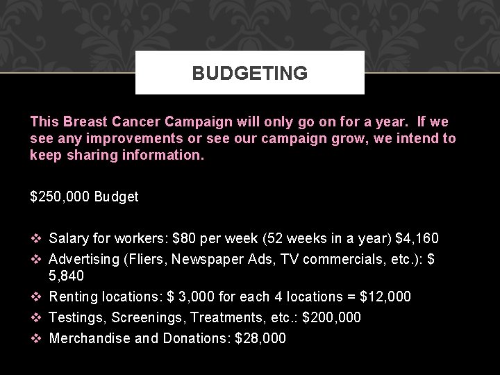 BUDGETING This Breast Cancer Campaign will only go on for a year. If we