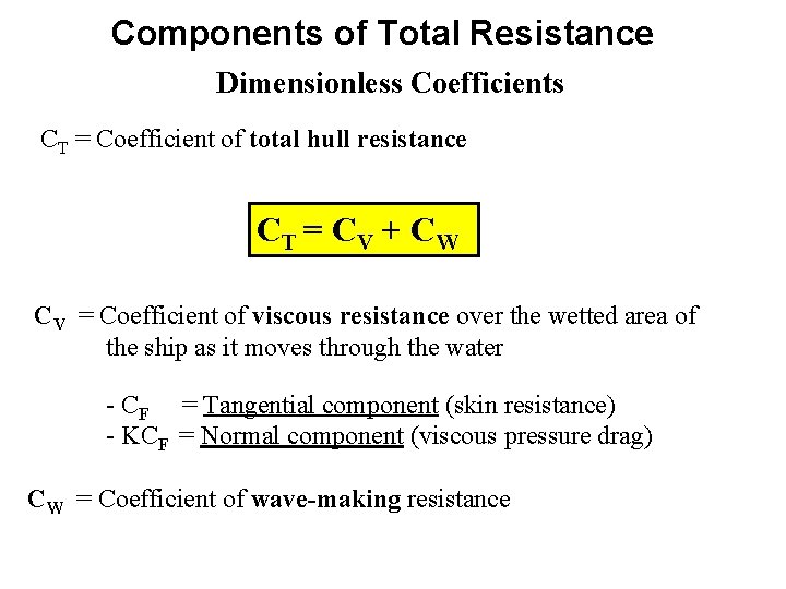 Components of Total Resistance Dimensionless Coefficients CT = Coefficient of total hull resistance CT