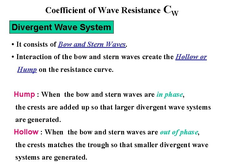 Coefficient of Wave Resistance CW Divergent Wave System • It consists of Bow and