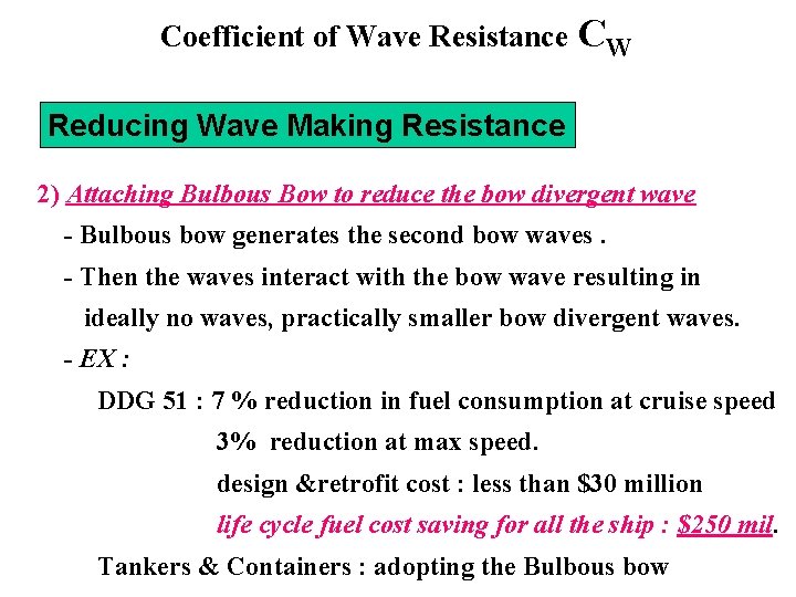 Coefficient of Wave Resistance CW Reducing Wave Making Resistance 2) Attaching Bulbous Bow to