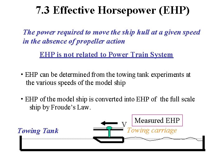 7. 3 Effective Horsepower (EHP) The power required to move the ship hull at