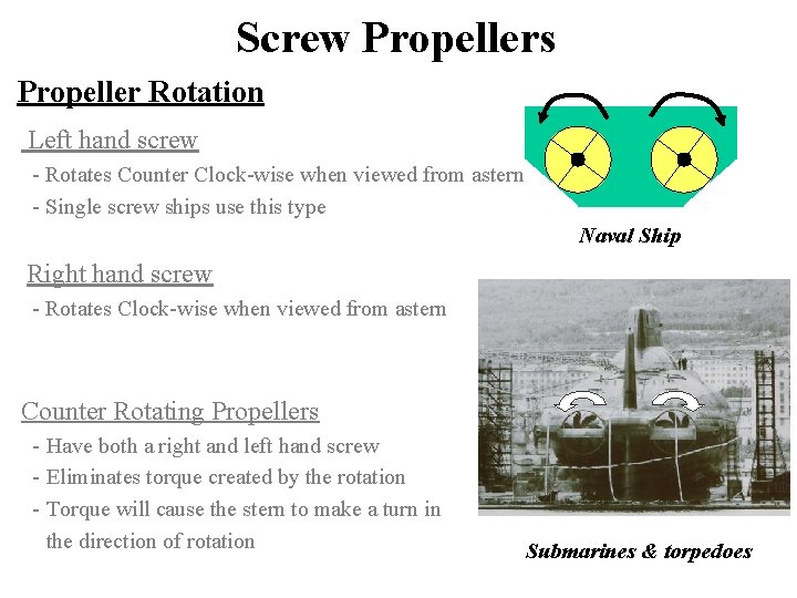 Screw Propellers Propeller Rotation Left hand screw - Rotates Counter Clock-wise when viewed from