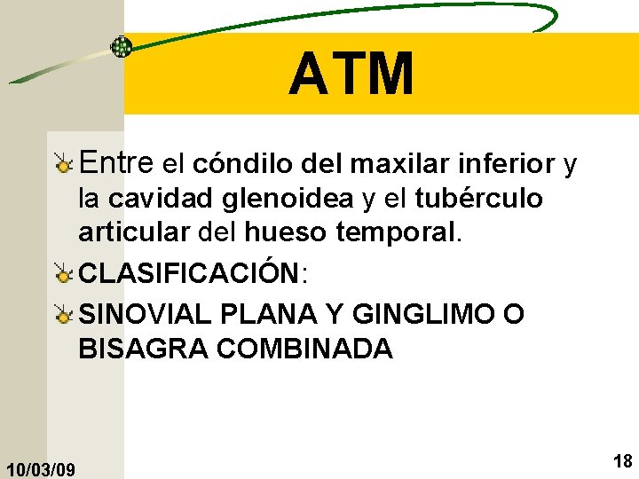 ATM Entre el cóndilo del maxilar inferior y la cavidad glenoidea y el tubérculo