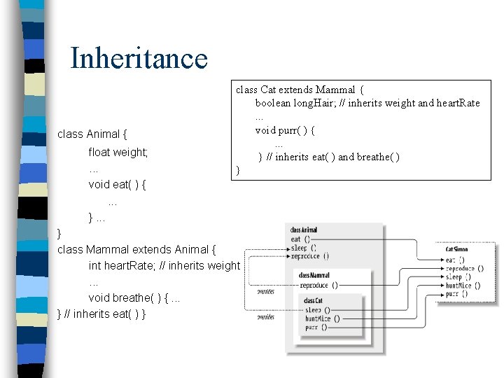 Inheritance class Animal { float weight; . . . void eat( ) { . Inheritance class Animal { float weight; . . . void eat( ) { .