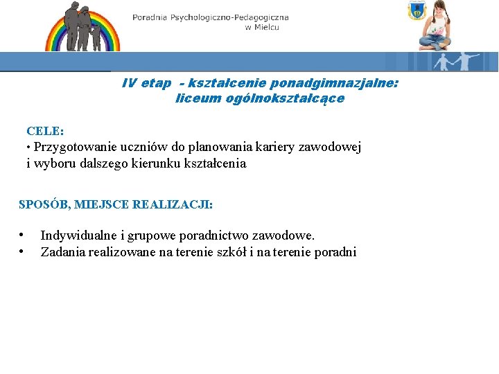 IV etap - kształcenie ponadgimnazjalne: liceum ogólnokształcące CELE: • Przygotowanie uczniów do planowania kariery IV etap - kształcenie ponadgimnazjalne: liceum ogólnokształcące CELE: • Przygotowanie uczniów do planowania kariery