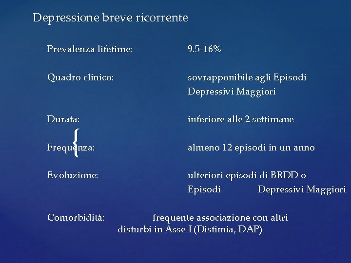 Depressione breve ricorrente Prevalenza lifetime: 9. 5 -16% Quadro clinico: sovrapponibile agli Episodi Depressivi Depressione breve ricorrente Prevalenza lifetime: 9. 5 -16% Quadro clinico: sovrapponibile agli Episodi Depressivi