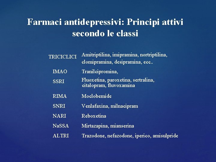 Farmaci antidepressivi: Principi attivi secondo le classi TRICICLICI Amitriptilina, imipramina, nortriptilina, clomipramina, desipramina, ecc. Farmaci antidepressivi: Principi attivi secondo le classi TRICICLICI Amitriptilina, imipramina, nortriptilina, clomipramina, desipramina, ecc.