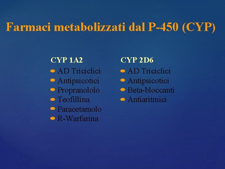Farmaci metabolizzati dal P-450 (CYP) CYP 1 A 2 AD Triciclici Antipsicotici Propranololo Teofillina Farmaci metabolizzati dal P-450 (CYP) CYP 1 A 2 AD Triciclici Antipsicotici Propranololo Teofillina