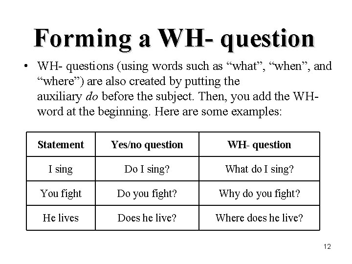 Forming a WH- question • WH- questions (using words such as “what”, “when”, and