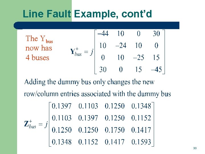 Line Fault Example, cont’d The Ybus now has 4 buses 30 