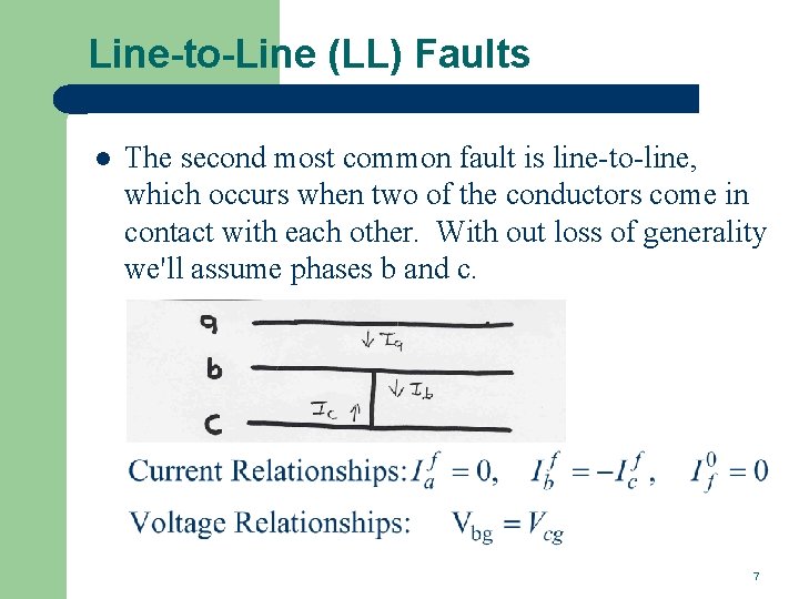 Line-to-Line (LL) Faults l The second most common fault is line-to-line, which occurs when