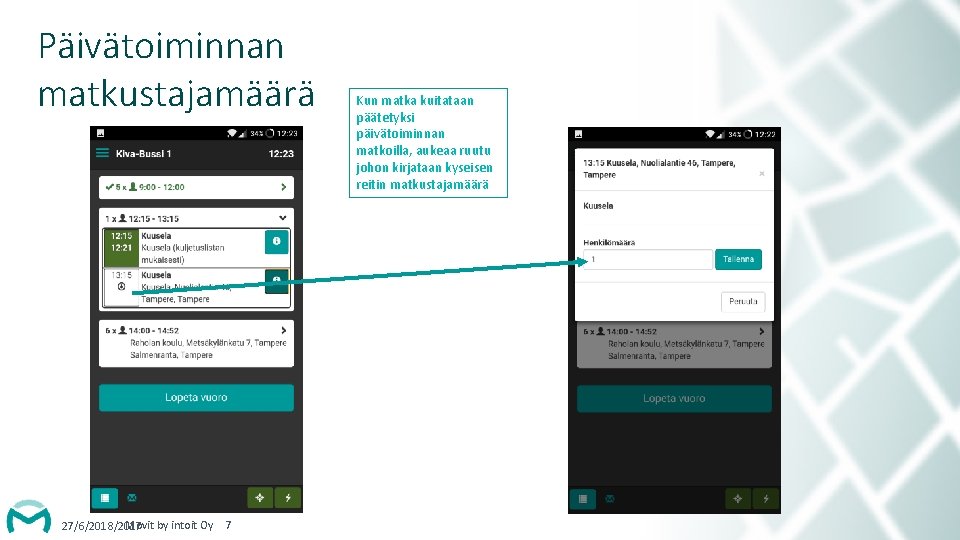 Päivätoiminnan matkustajamäärä Movit by intoit Oy 27/6/2018/2017 7 Kun matka kuitataan päätetyksi päivätoiminnan matkoilla,
