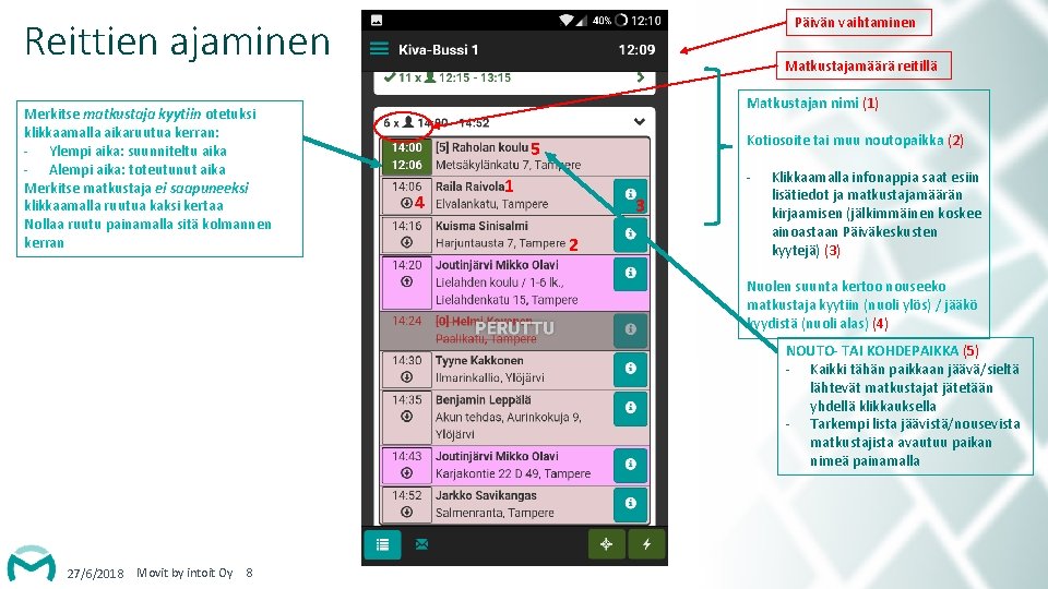 Päivän vaihtaminen Reittien ajaminen Merkitse matkustaja kyytiin otetuksi klikkaamalla aikaruutua kerran: - Ylempi aika: