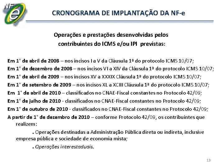 CRONOGRAMA DE IMPLANTAÇÃO DA NF-e Operações e prestações desenvolvidas pelos contribuintes do ICMS e/ou CRONOGRAMA DE IMPLANTAÇÃO DA NF-e Operações e prestações desenvolvidas pelos contribuintes do ICMS e/ou