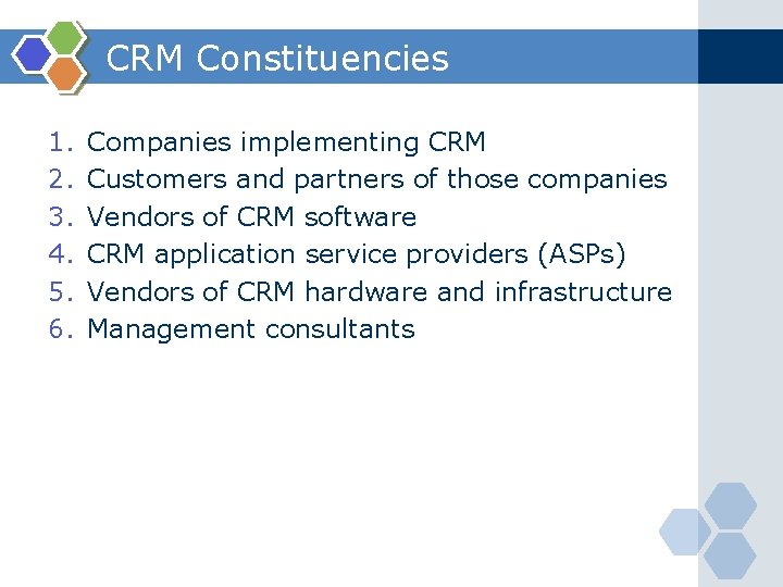 CRM Constituencies 1. 2. 3. 4. 5. 6. Companies implementing CRM Customers and partners