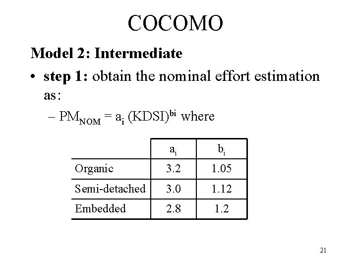 COCOMO Model 2: Intermediate • step 1: obtain the nominal effort estimation as: –