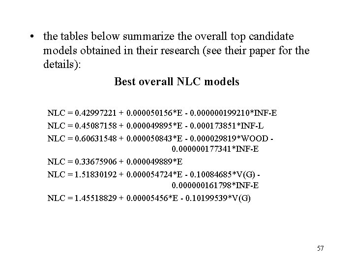  • the tables below summarize the overall top candidate models obtained in their