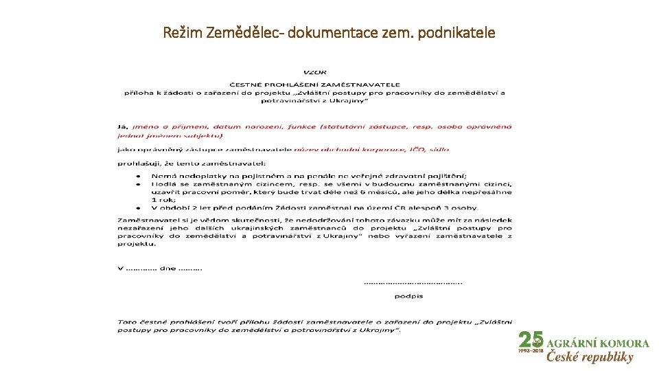 Režim Zemědělec- dokumentace zem. podnikatele 