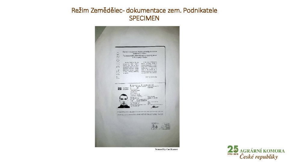 Režim Zemědělec- dokumentace zem. Podnikatele SPECIMEN 